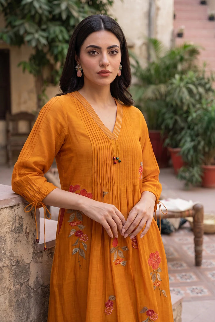 Rumi Mul Chanderi Tunic Set in Sunset Orange