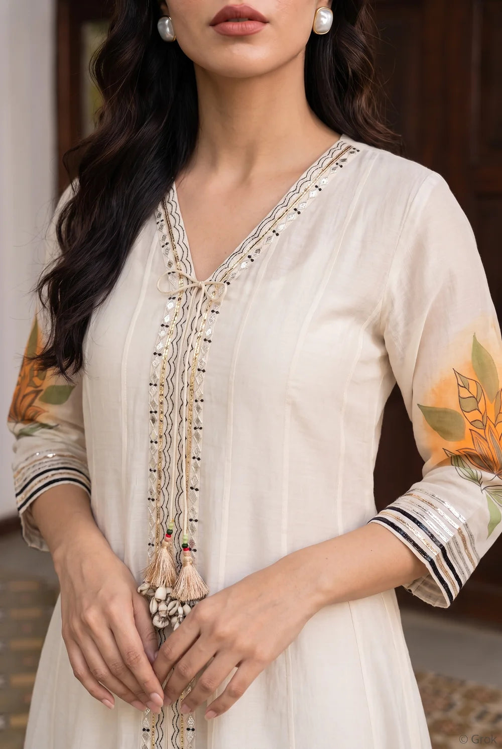 Zoa Mul Chanderi Anarkali Set in Off White / Orange