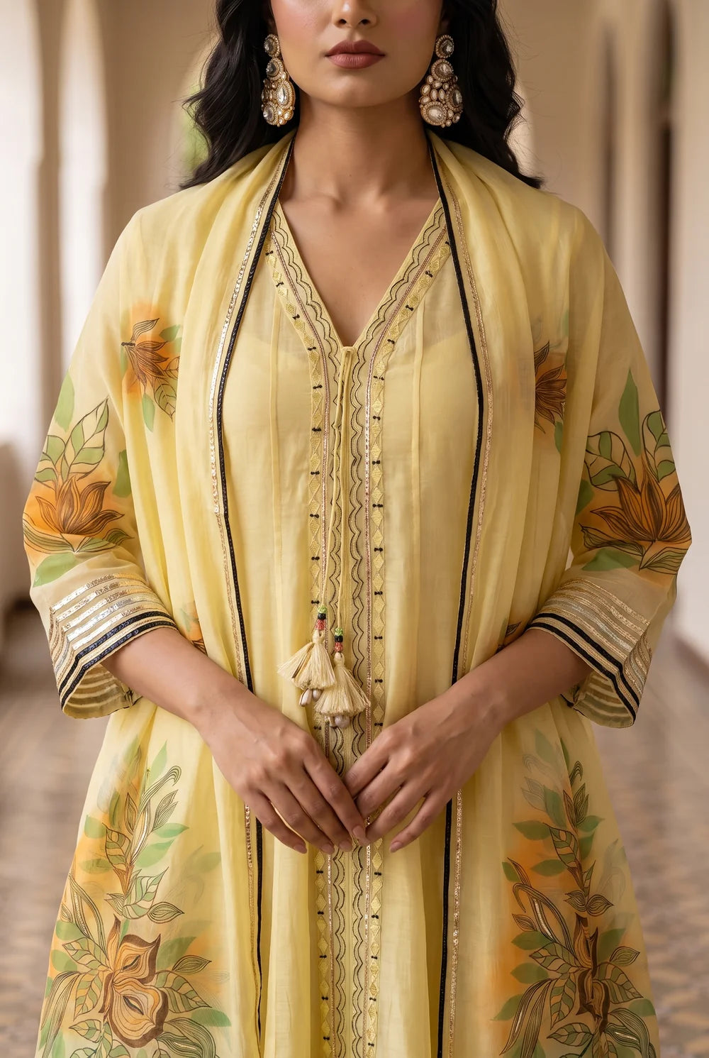 Zoa Mul Chanderi Anarkali Set in Cool Yellow