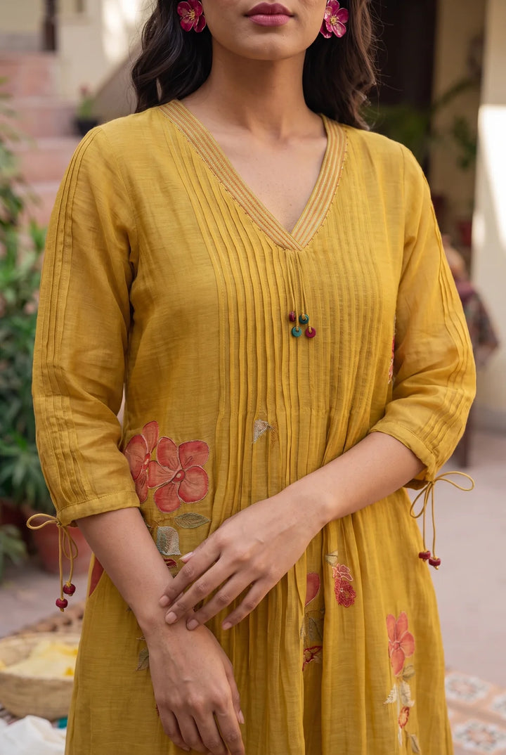Rumi Mul Chanderi Tunic Set in Mustard Yellow