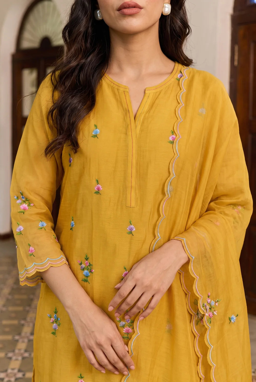 Veya Thread Embroidered Kurta Set in Vintage Yellow
