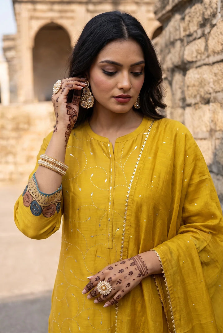 Yaira Mul Chadneri Kurta Set in Maize Yellow
