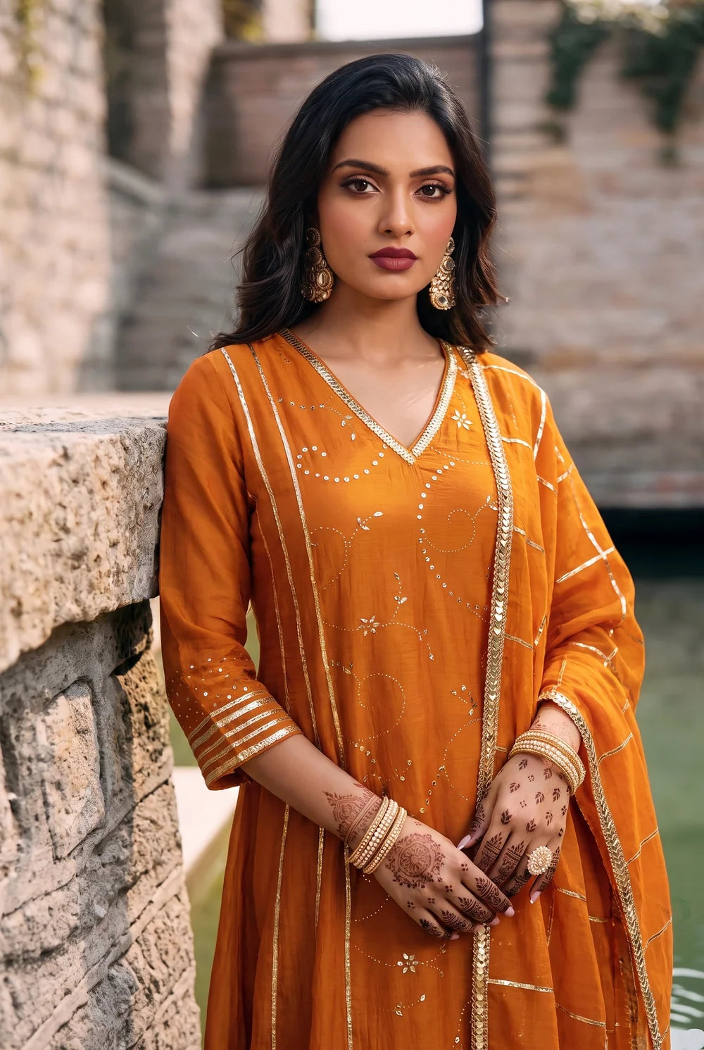 Raha Mul Chanderi Mukaish Anarkali Set in Orange