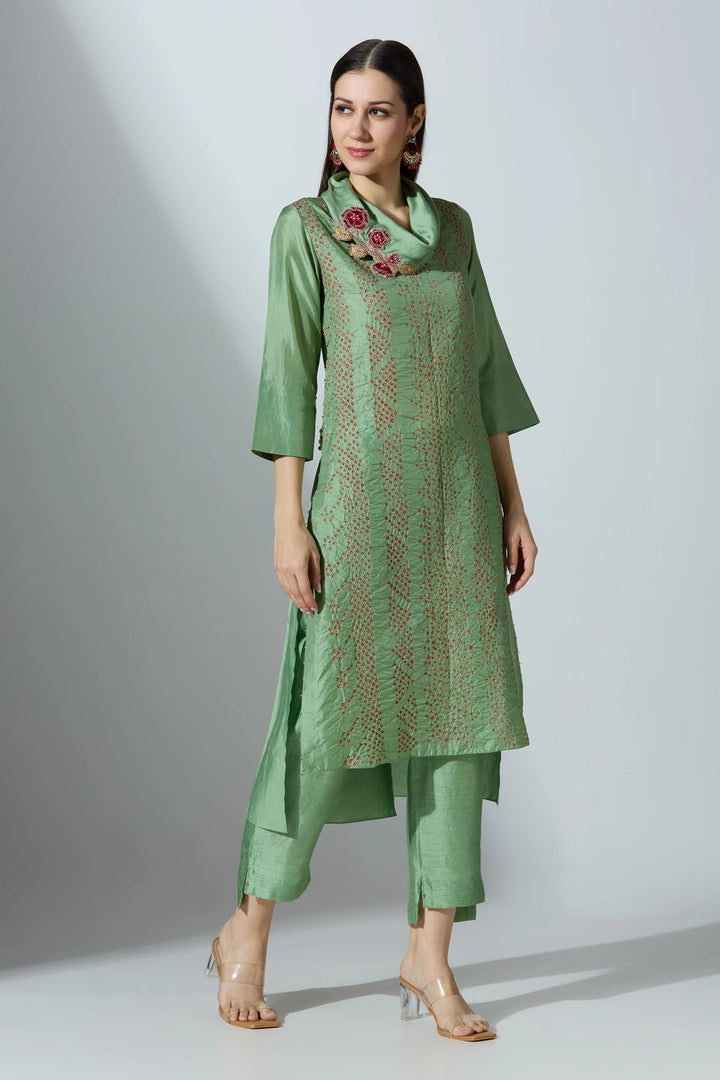 Green Organza Kurta Set With Pant