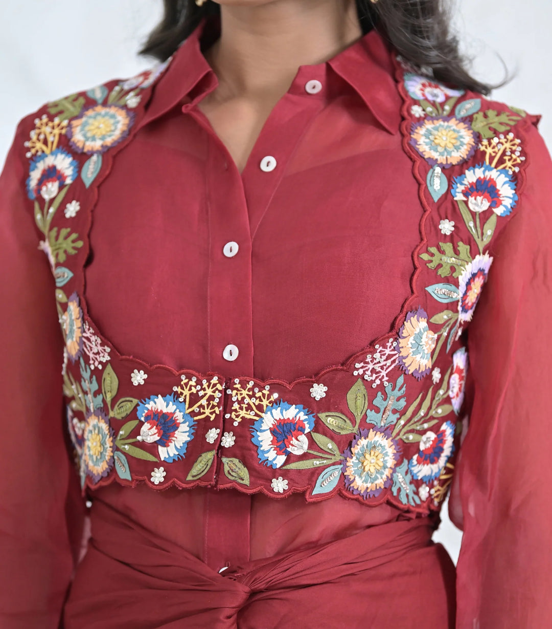 Phoolwari Coti With Organza Tunic And Knot Skirt Set