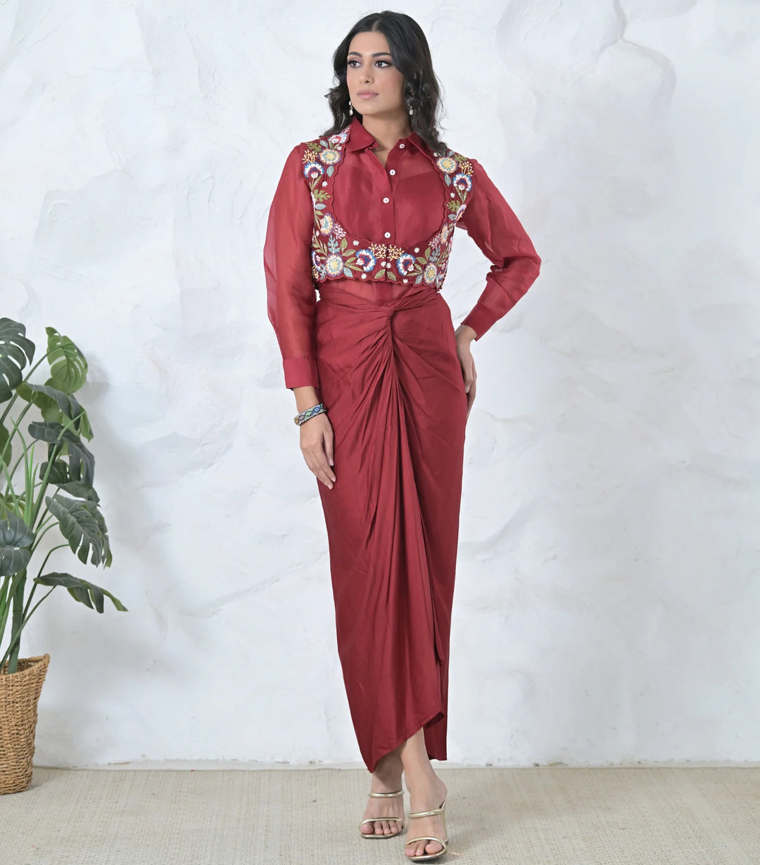Phoolwari Coti With Organza Tunic And Knot Skirt Set
