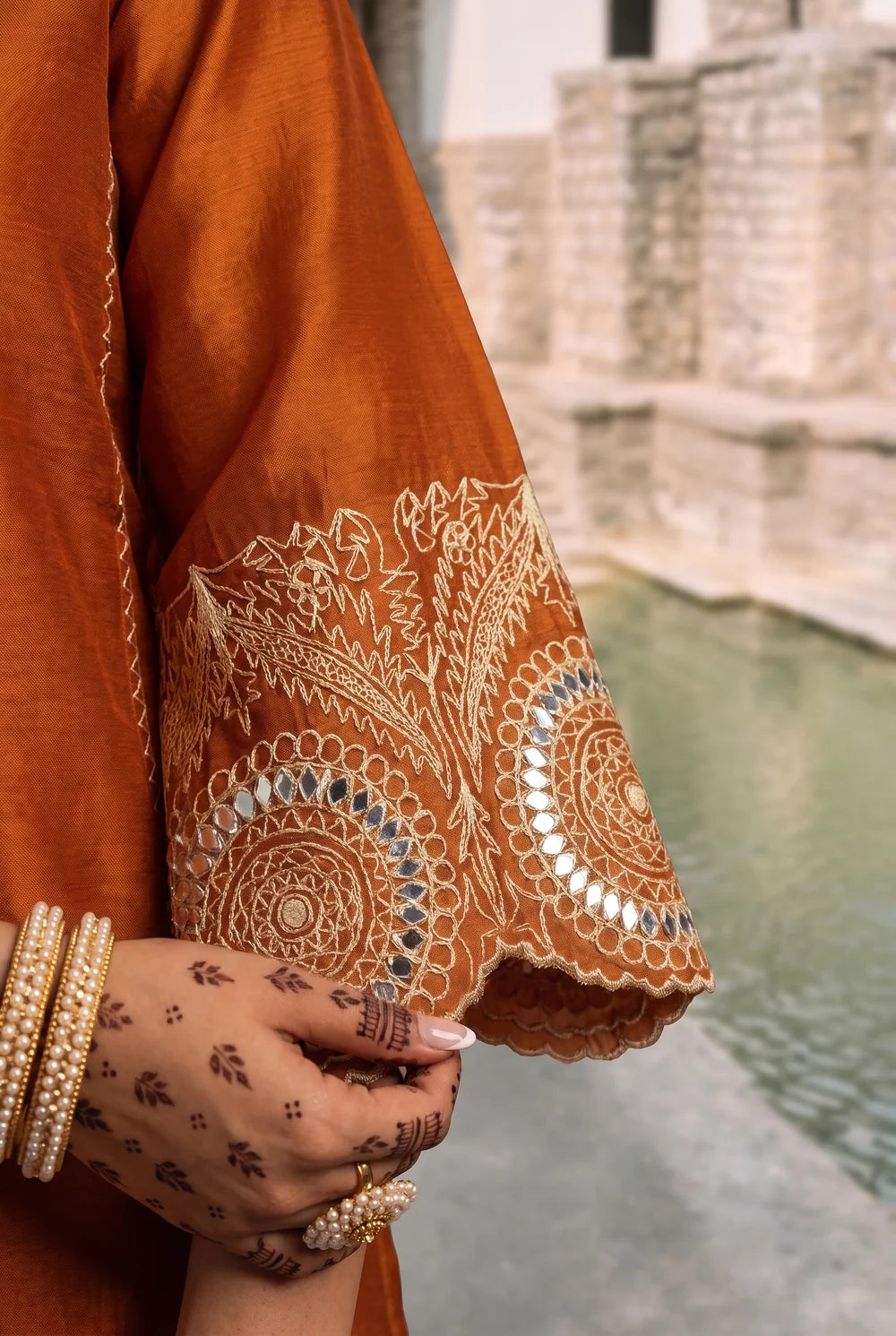 Deewani Silk Chanderi Anarkali Set in Burnt Orange