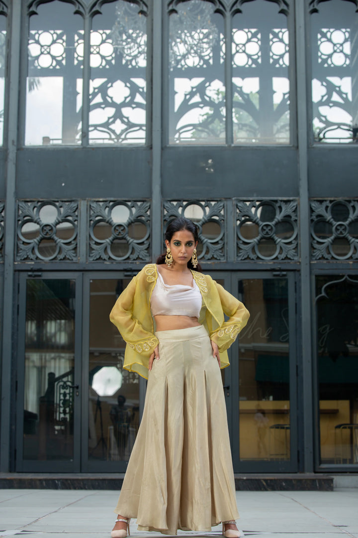 Beige Satin Organza Pant With Jacket and Bustier