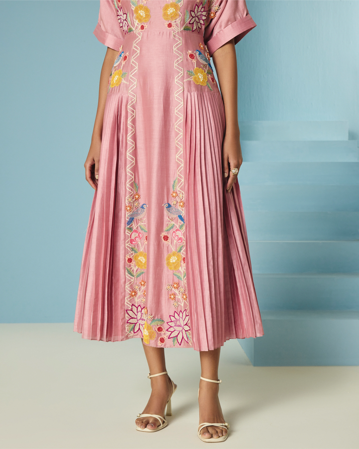 Blush Floral Embroidered Pleated Midi Dress