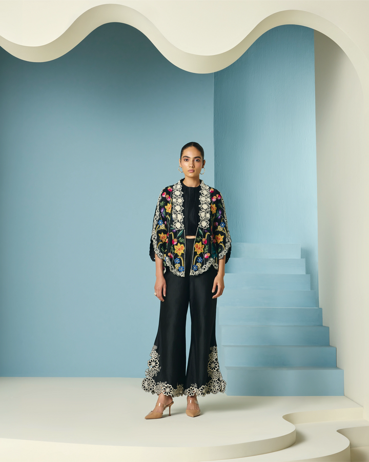 Black Contrast Cutwork Bell Bottom Pant