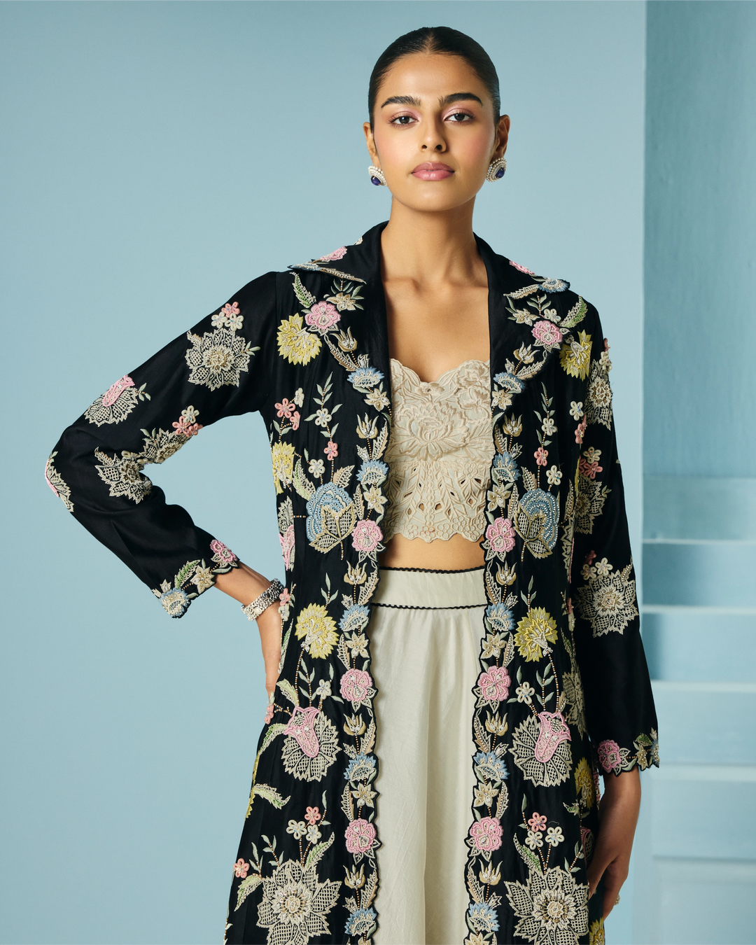 Black Multipastel Flared Long Jacket