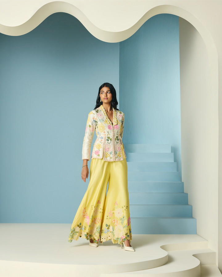 Ivory Floral Embroidered Panelled Jacket