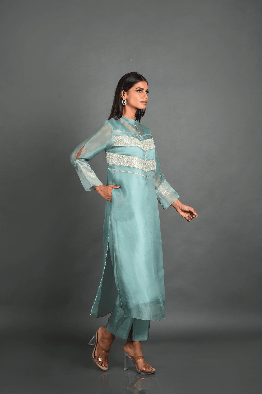 Blue Organza Kurta With Pant and Dupatta
