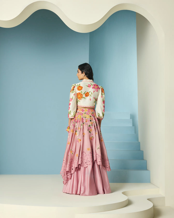 Blush Bougainvillea Layered Lehenga
