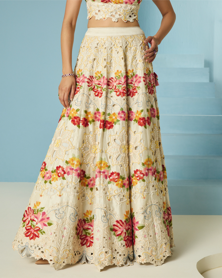 Ivory Cutwork and Beadwork Lehenga