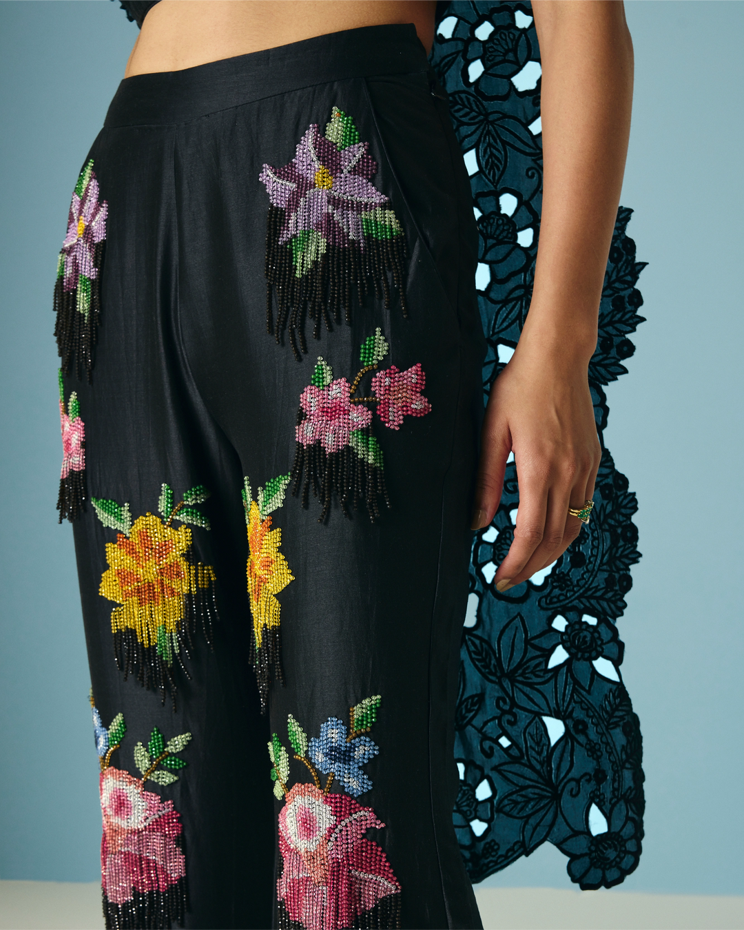 Black Floral Beadwork Fringe Flared Pant