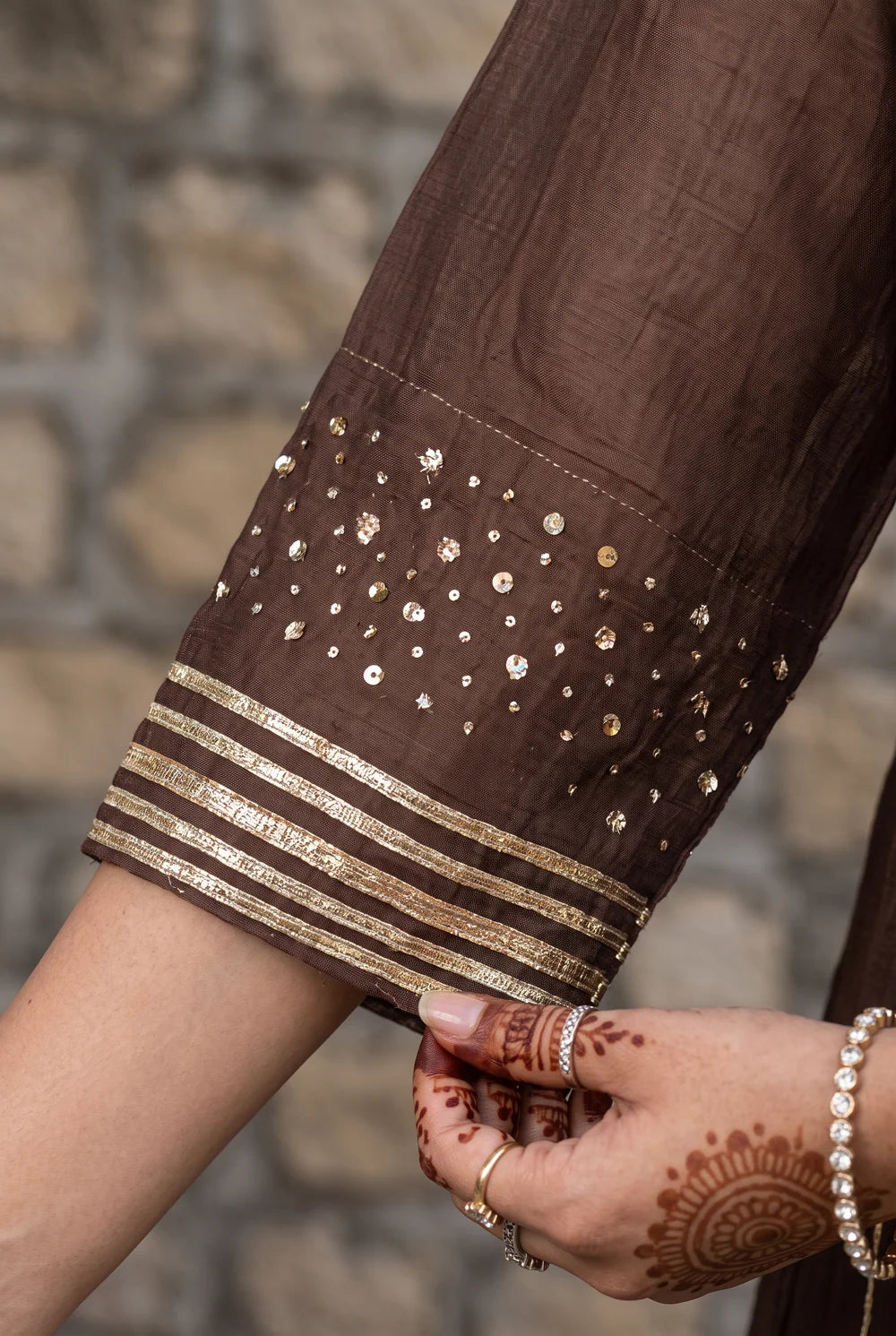 Raha Mul Chanderi Mukaish Anarkali Set in Coffee Brown