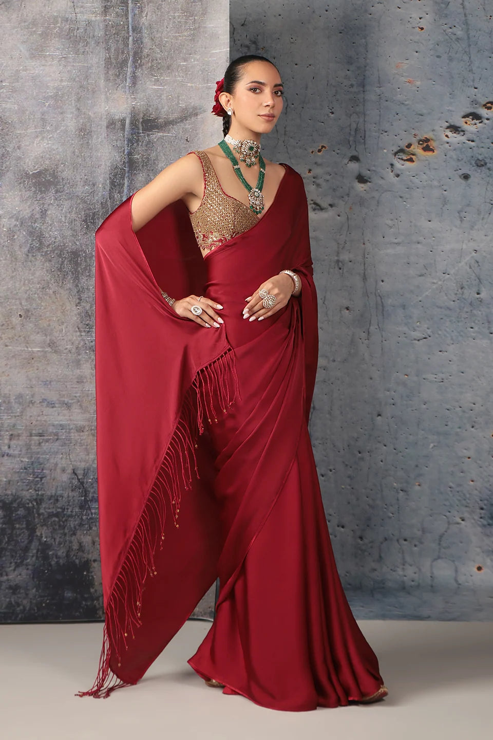 Zar-Rang Maroon Fringe Saree Set