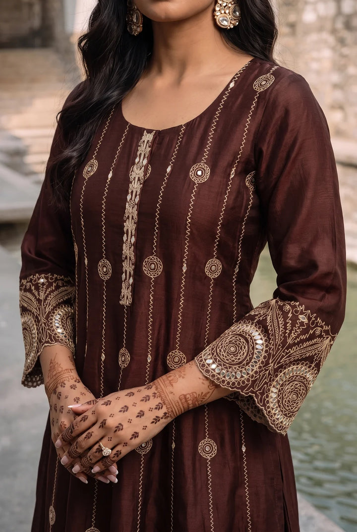 Deewani Silk Chanderi Anarkali Set in Coffee Brown