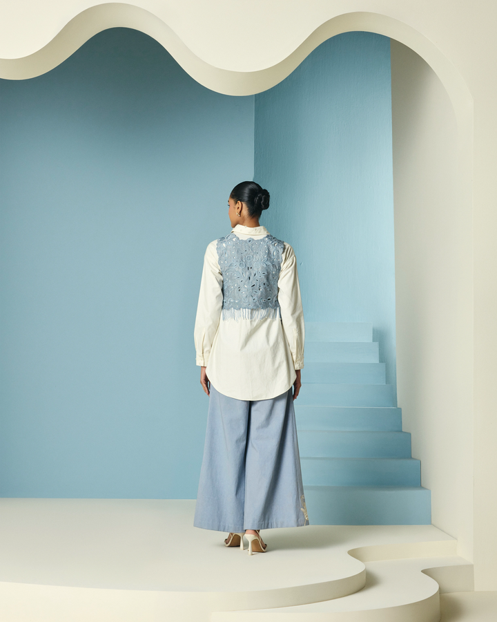 Powder Blue Beadwork and Cutwork Vest