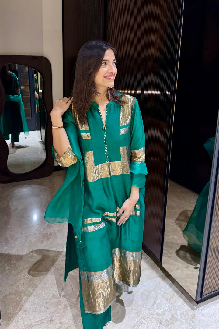 Mira: Silk stripe tissue straight kurta set - Green