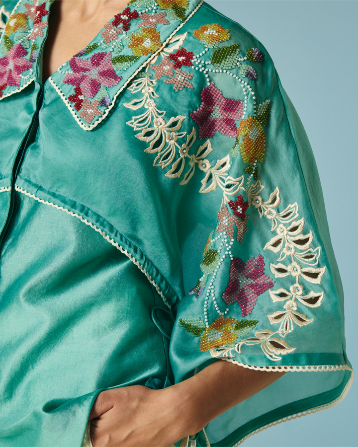 Aqua Floral Beadwork Layered Shirt