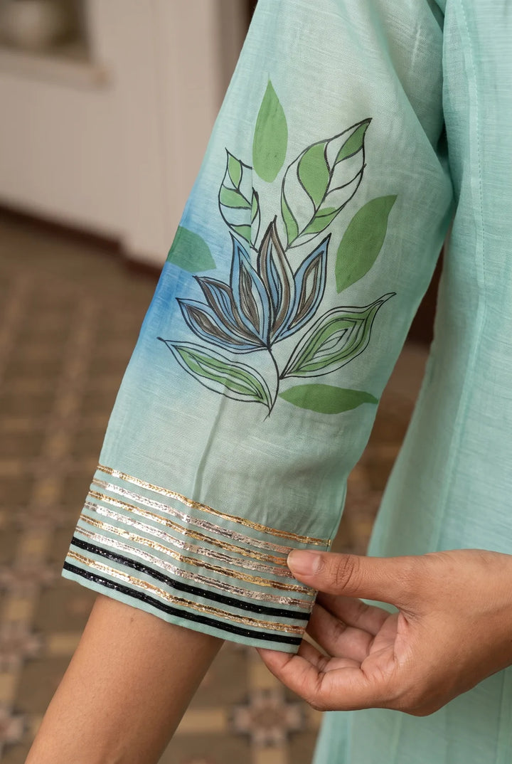 Zoa Mul Chanderi Anarkali Set in Aqua Blue