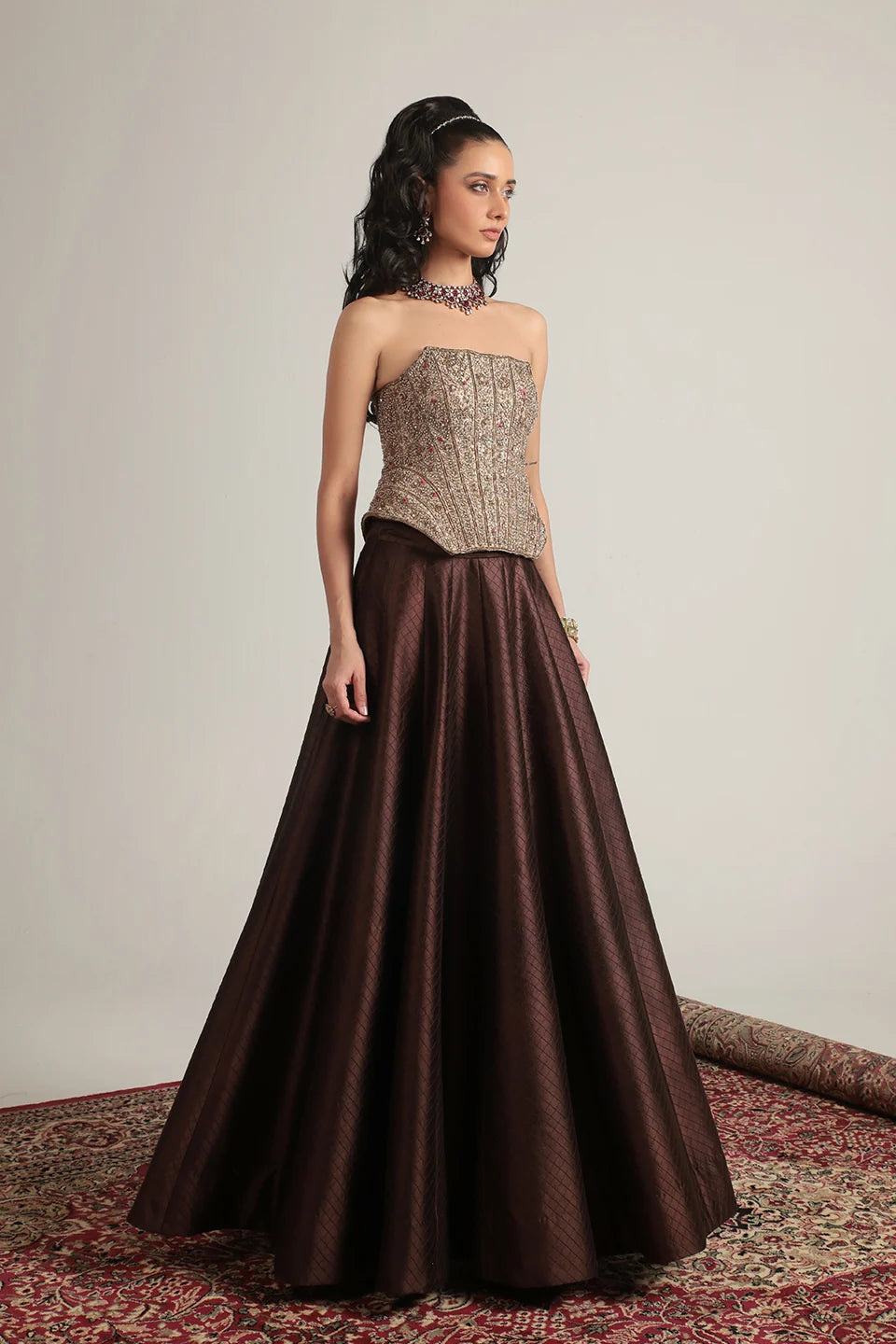 Zar-Rang Brown Panelled Corset Quilted Lehenga Set