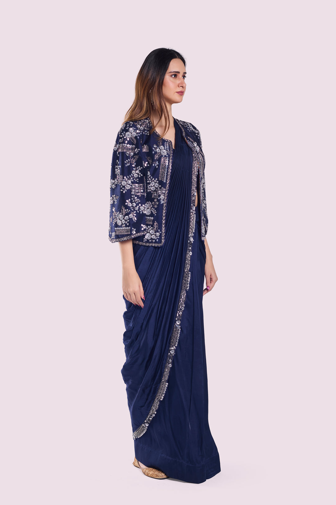 cape sleeve silk drape saree