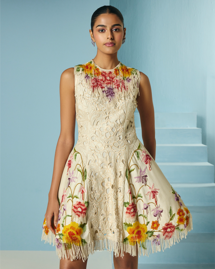Ivory Cutwork and Beadwork Fringe Panelled Dress