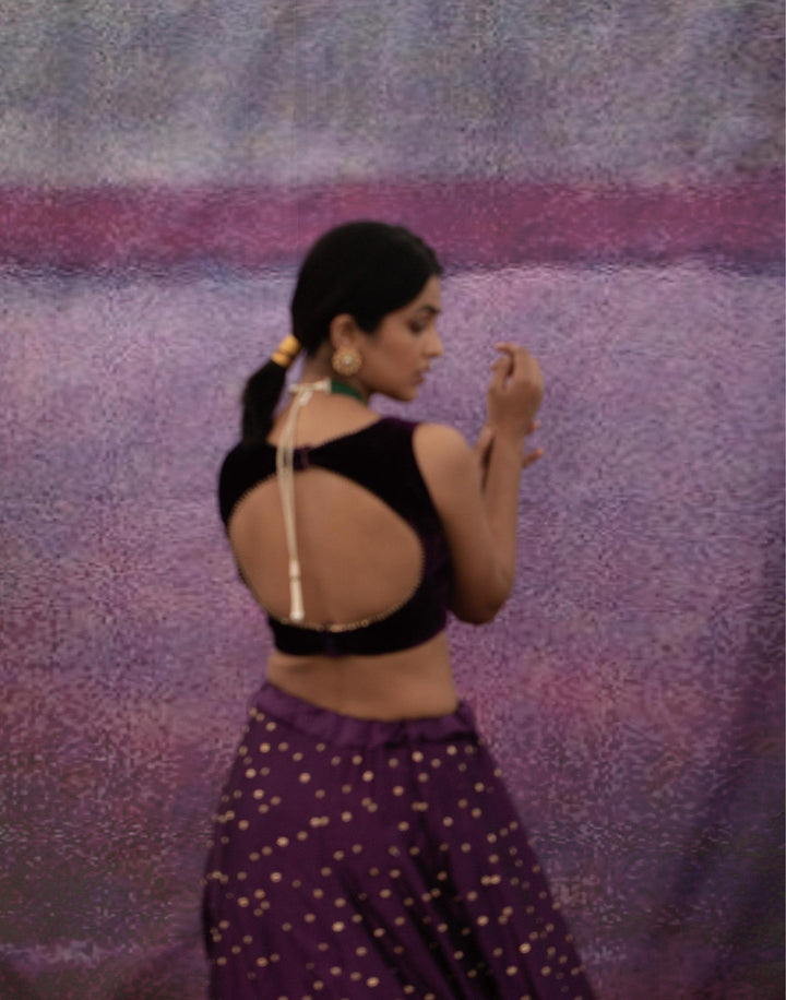violet all over booti kalli lehenga set