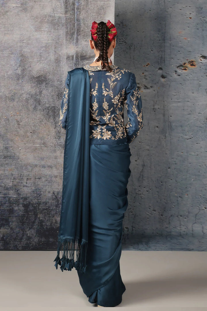 Zar-Rang Blue Jacket Saree Set