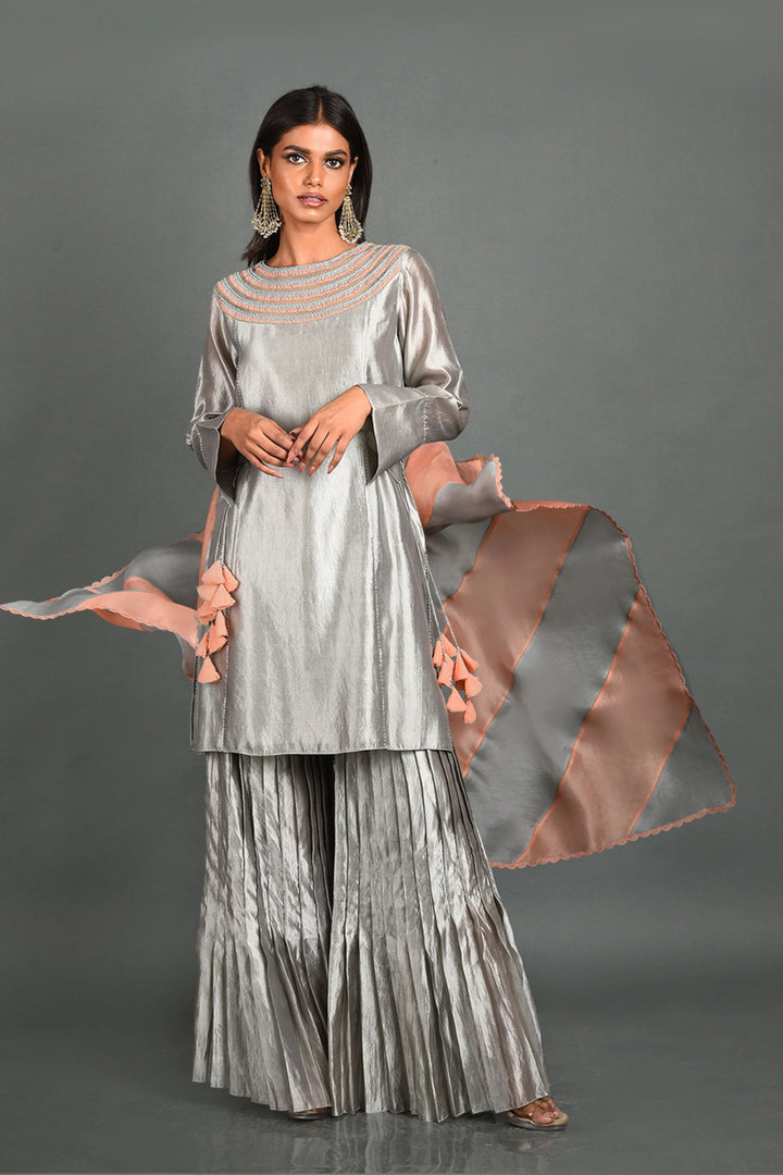 Grey Silk Kurta With Pant and Dupatta
