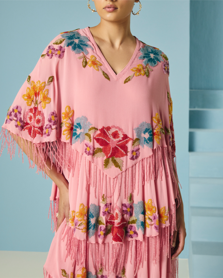 Pink Floral Beadwork Tiered Dress