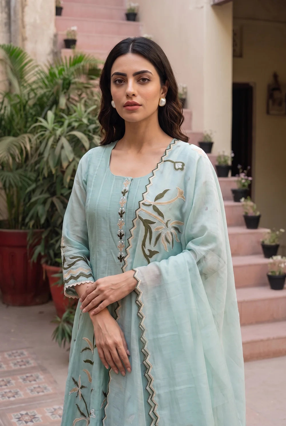 Surkhi Mul Chanderi Anarkali Set in Blue Green