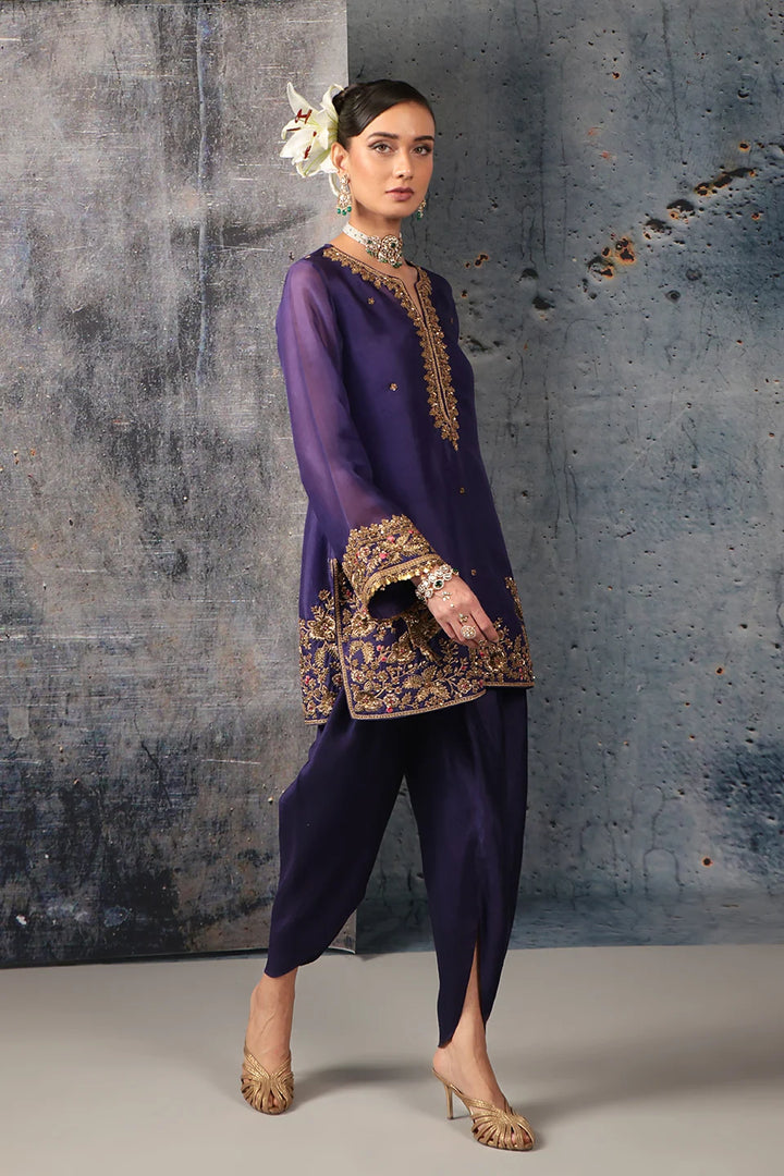 Zar-Rang Purple Heavy Short Kurta Set