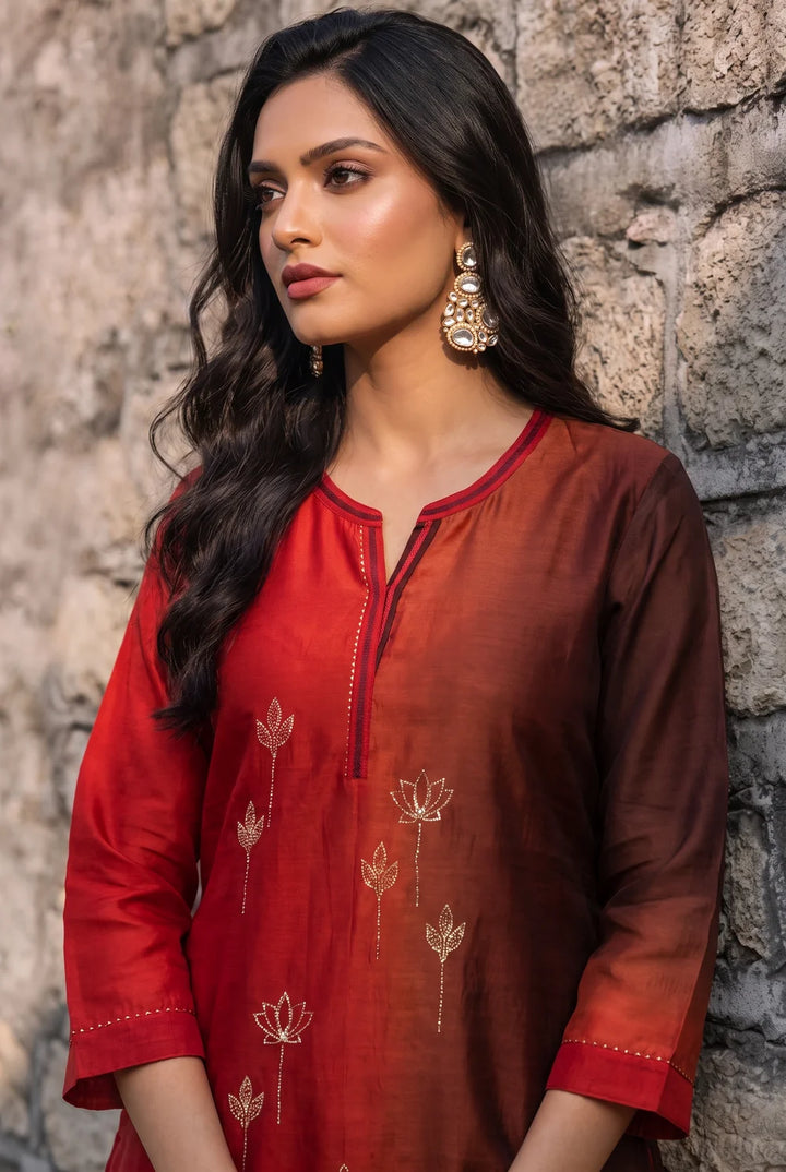 Shvi Silk Chadneri Shaded Kurta Set in Cola Red
