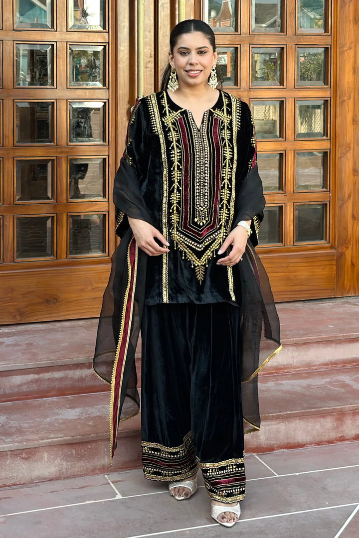 Black Velvet Short Kurta with Farshi Salwar Set