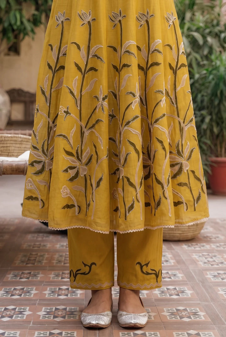 Surkhi Mul Chanderi Anarkali Set in Maize Yellow