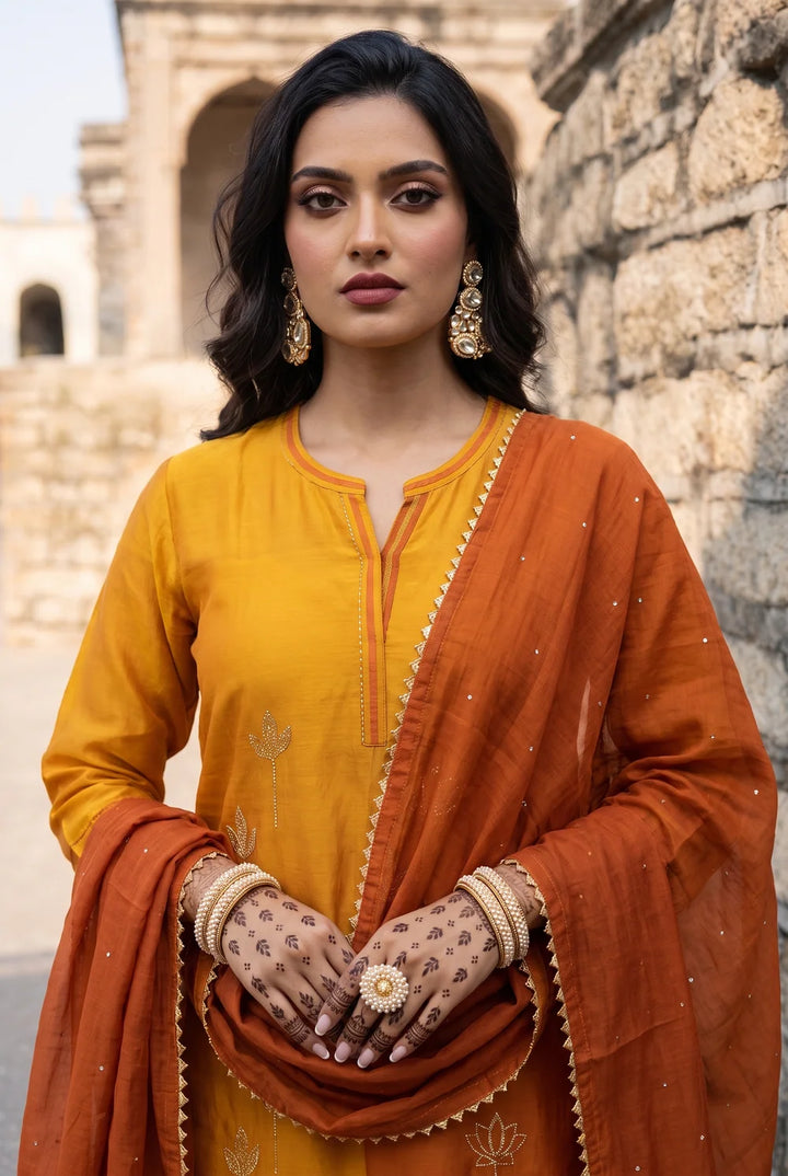 Shvi Silk Chadneri Shaded Kurta Set in Mango