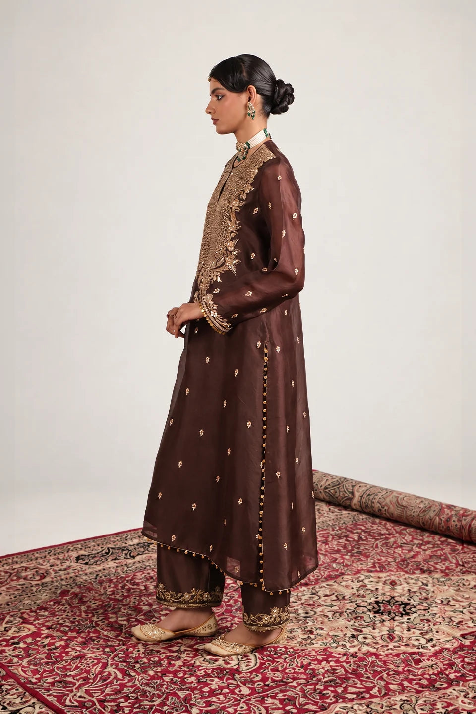Zar-Rang Brown Long Kurta Set