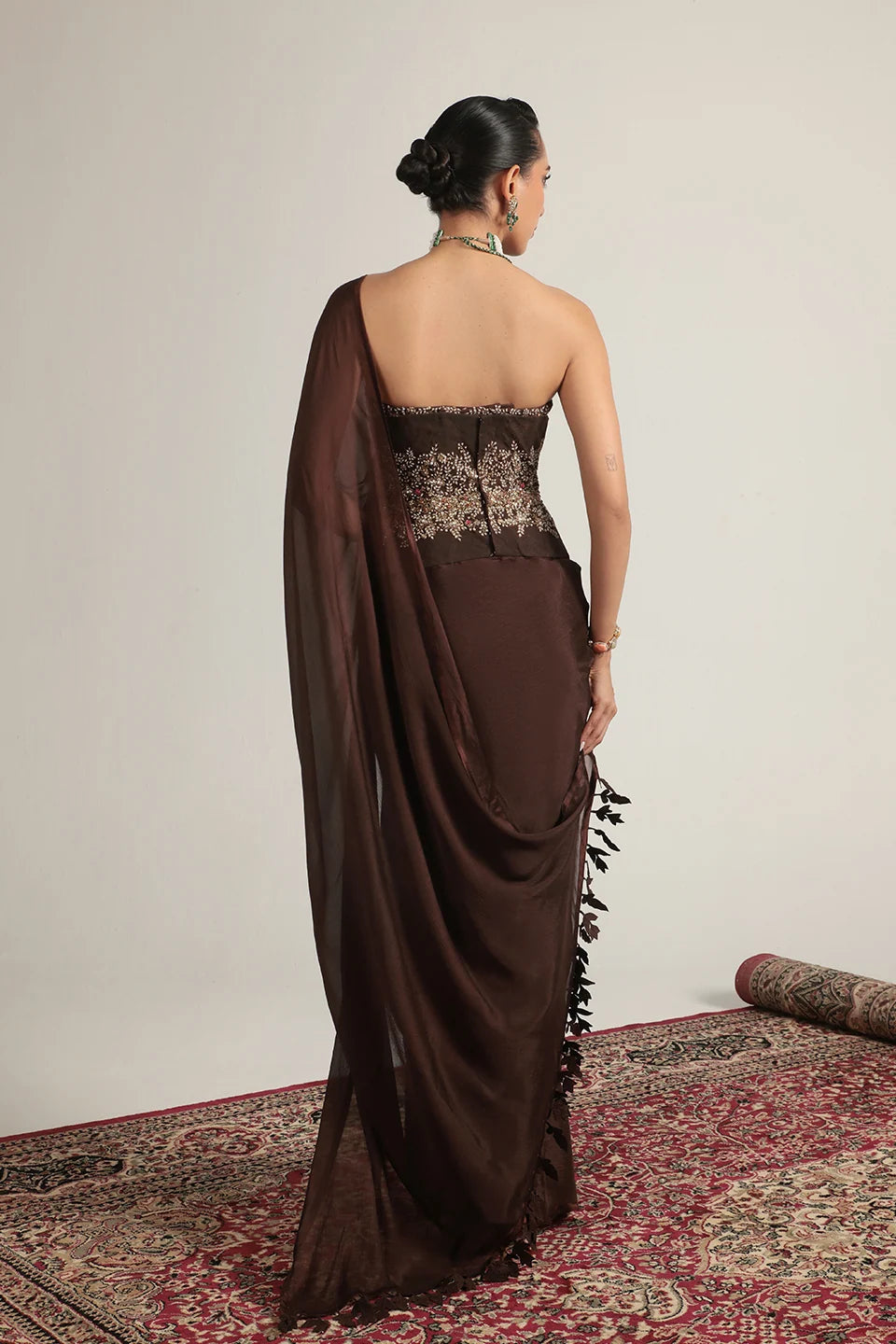 Zar-Rang Brown Double Corset Saree Set
