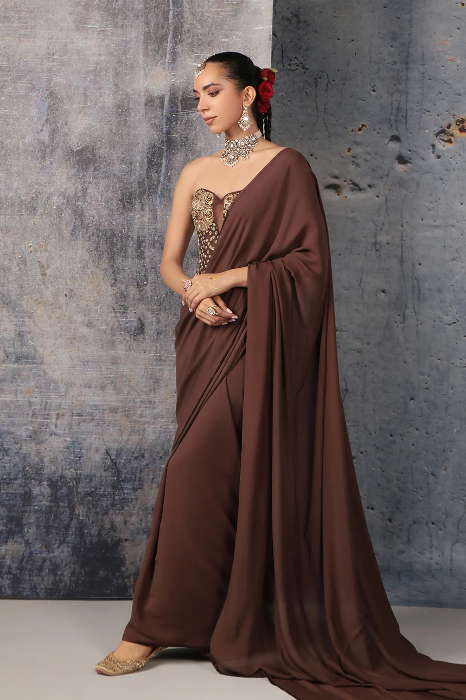 Zar-Rang Brown Corset Saree Set