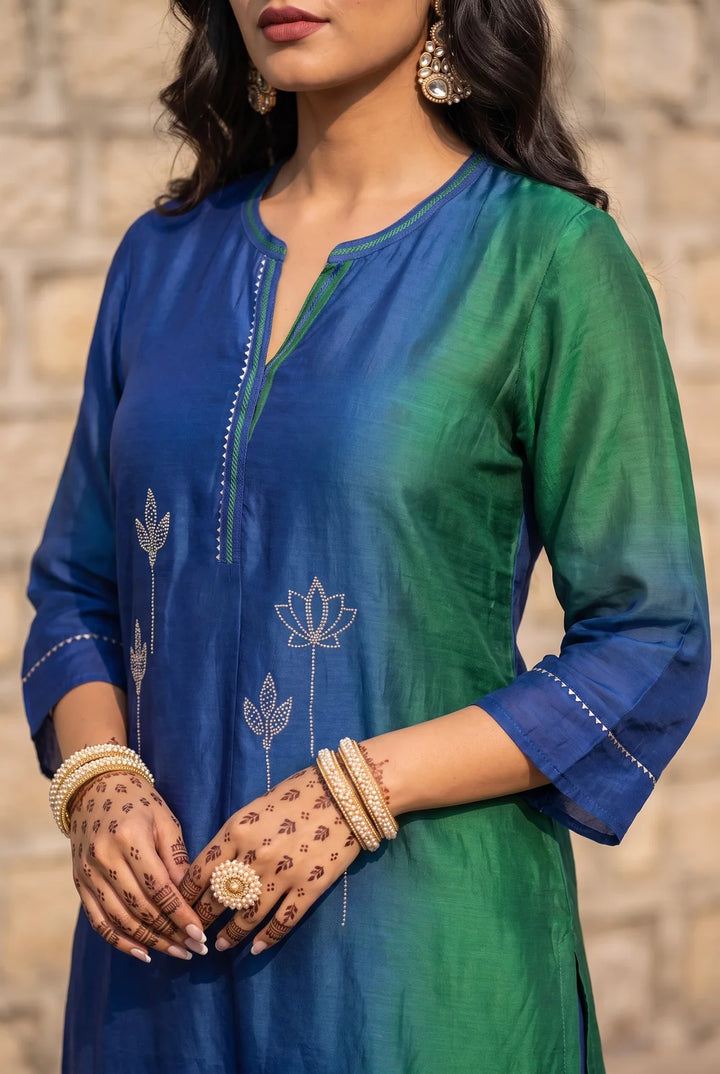 Shvi Silk Chadneri Shaded Kurta Set in Blue Green