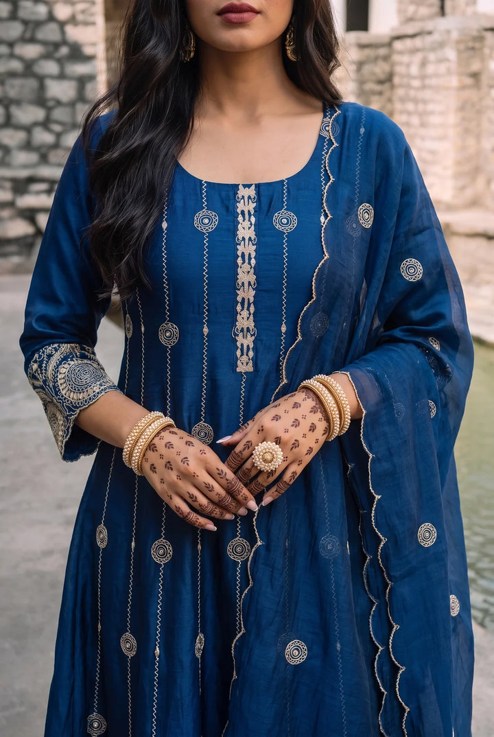 Deewani Silk Chanderi Anarkali Set in Cobalt Blue