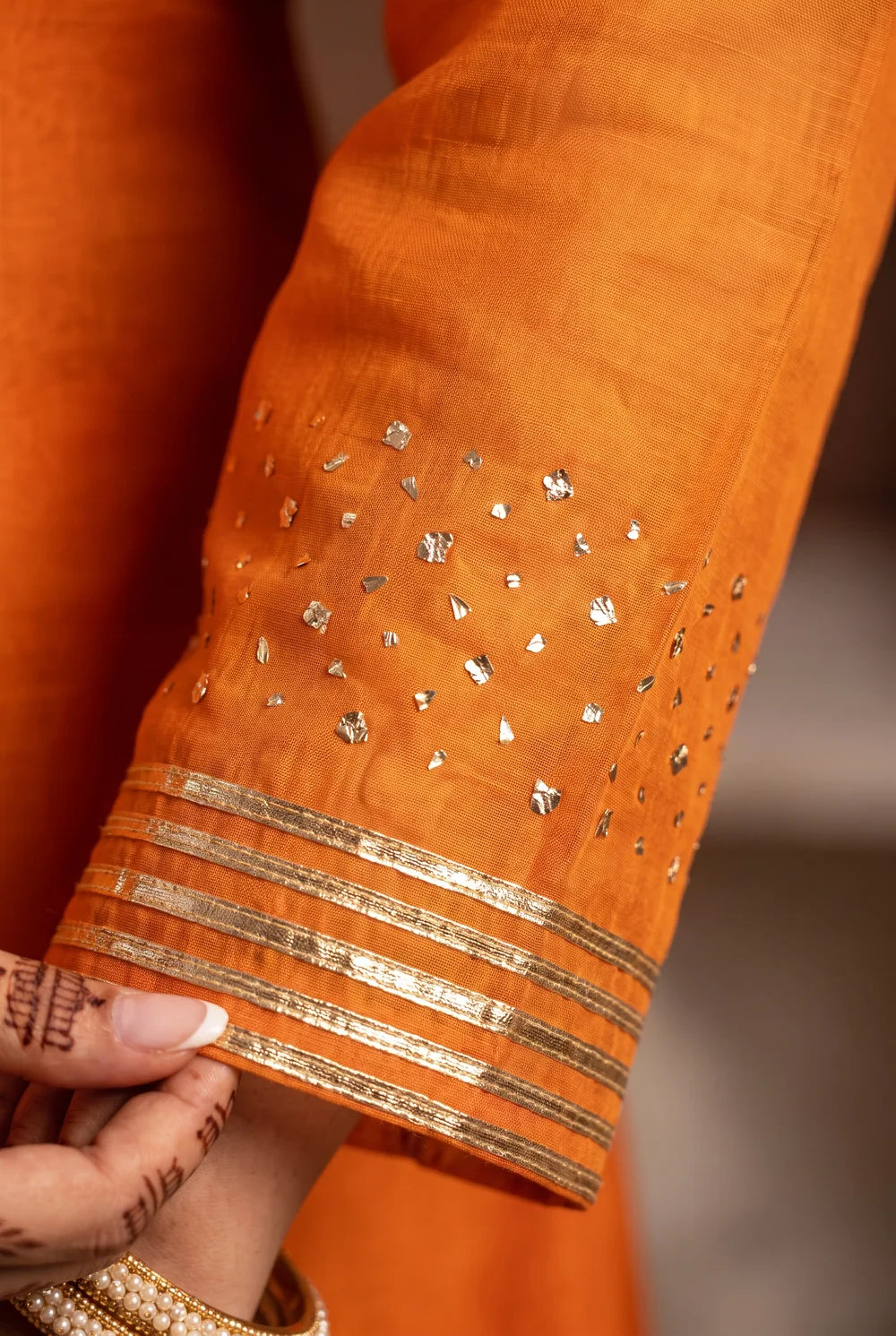 Raha Mul Chanderi Mukaish Anarkali Set in Orange
