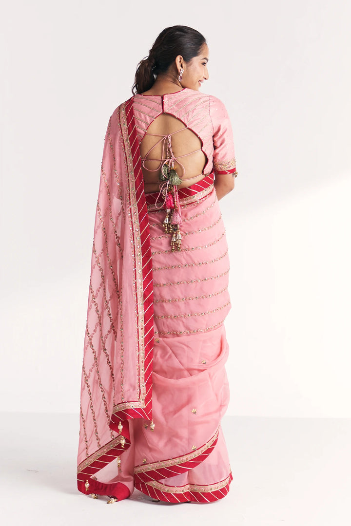 Woman wearing a pink saree with a red border on a white background