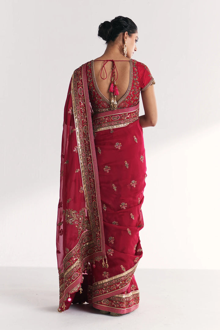 Red saree with gold embroidery on a white background