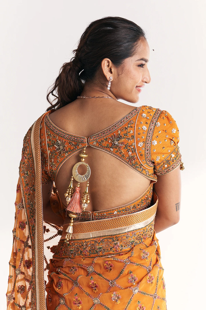 Woman wearing an orange embroidered saree with a plain background