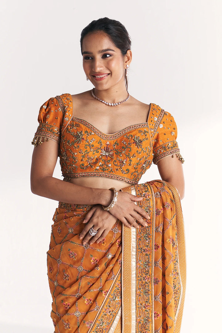Woman wearing an orange saree with a matching blouse on a white background